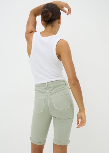 April Green Denim Knee Shorts