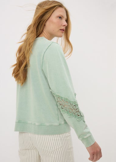Sage Green Acid Wash Broderie Detail Sweatshirt