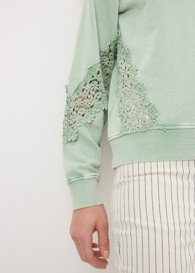 Sage Green Acid Wash Broderie Detail Sweatshirt
