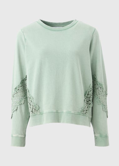 Sage Green Acid Wash Broderie Detail Sweatshirt