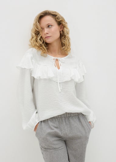 White Frill Tie Neck Blouse