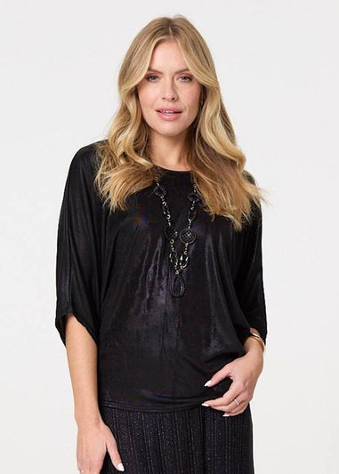 Izabel London Black Metallic 3/4 Batwing Sleeve Top