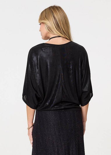 Izabel London Black Metallic 3/4 Batwing Sleeve Top