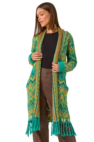 Roman Teal Pattern Fringe Cardigan