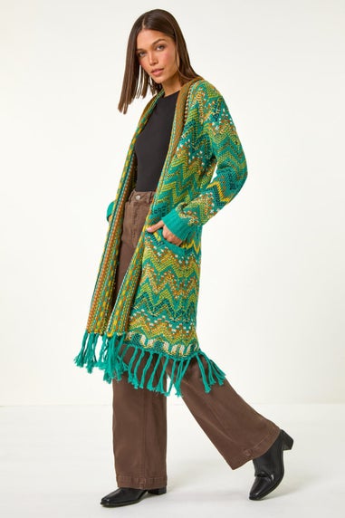 Roman Teal Pattern Fringe Cardigan