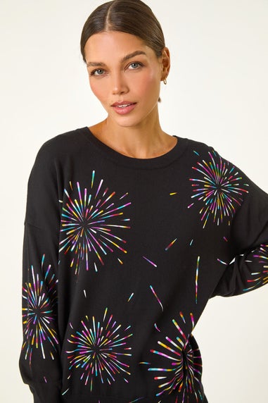 Roman Black Crew Neck Burst Foil Print Jumper