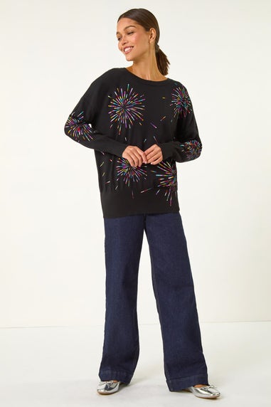 Roman Black Crew Neck Burst Foil Print Jumper