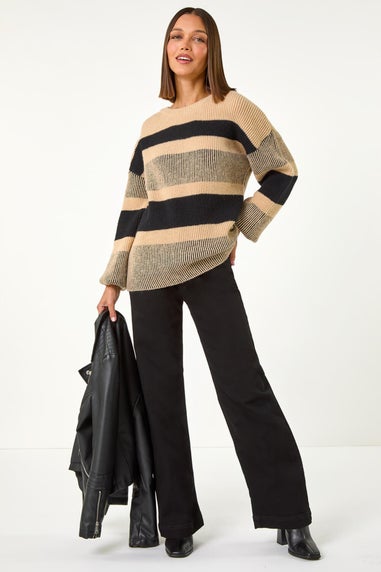 Roman Camel Colour Block Striped Knit Jumper