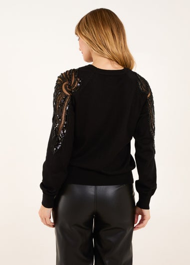 Blue Vanilla Black Embellished Sleeve Jumper