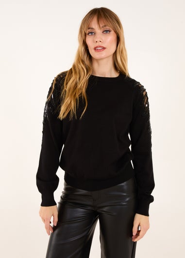 Blue Vanilla Black Embellished Sleeve Jumper