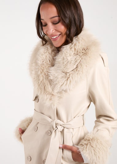 Blue Vanilla Stone Faux Fur Trim Double Breasted Pu Coat