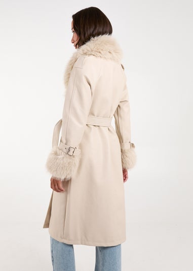 Blue Vanilla Stone Faux Fur Trim Double Breasted Pu Coat