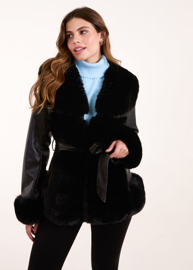 Blue Vanilla Black Panel Fur PU Belted Coat