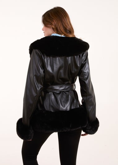 Blue Vanilla Black Panel Fur PU Belted Coat