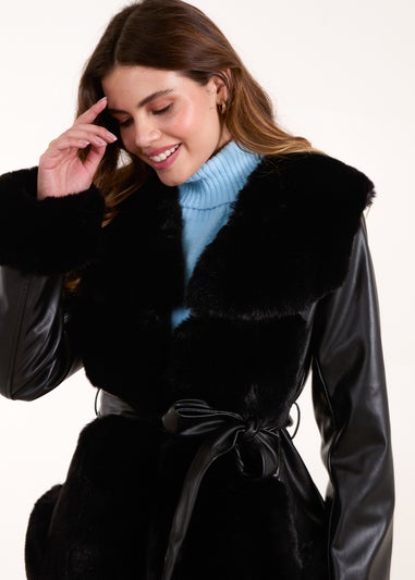 Blue Vanilla Black Panel Fur PU Belted Coat