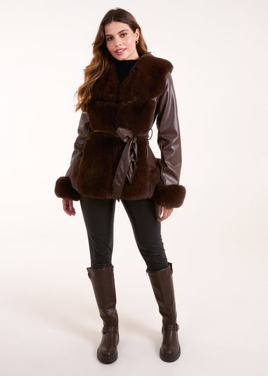 Blue Vanilla Chocolate Panel Fur PU Belted Coat