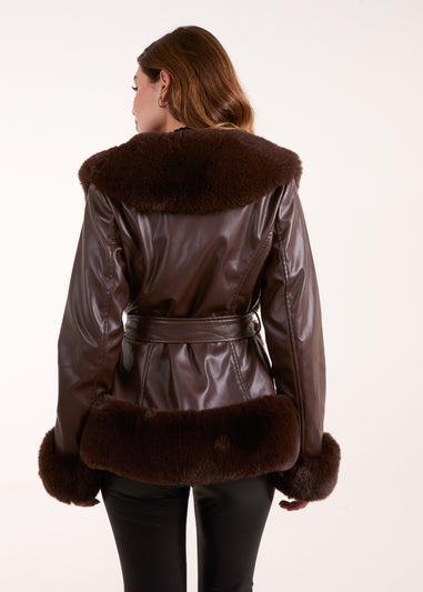 Blue Vanilla Chocolate Panel Fur PU Belted Coat