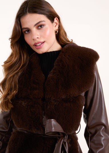 Blue Vanilla Chocolate Panel Fur PU Belted Coat