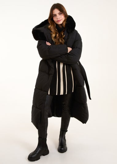 Blue Vanilla Black Quilted Puffer Coat With Fur Hood