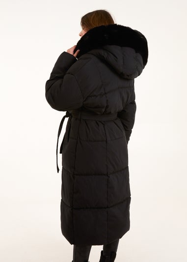 Blue Vanilla Black Quilted Puffer Coat With Fur Hood