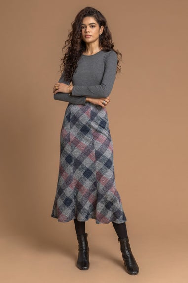 Roman Grey Check Print Fluted Midi Skirt