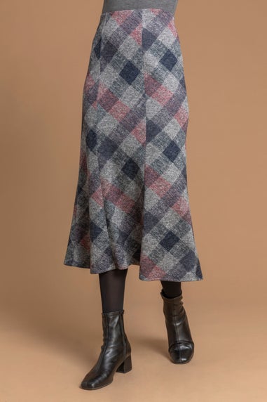 Roman Grey Check Print Fluted Midi Skirt