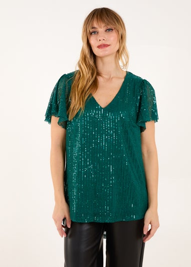 Blue Vanilla Teal Angel Sleeve V Neck Sequin Top