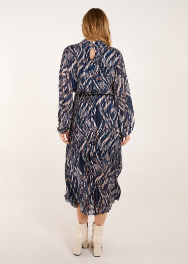 Blue Vanilla Navy High Neck Pleated Digital Wave Abstract Dress