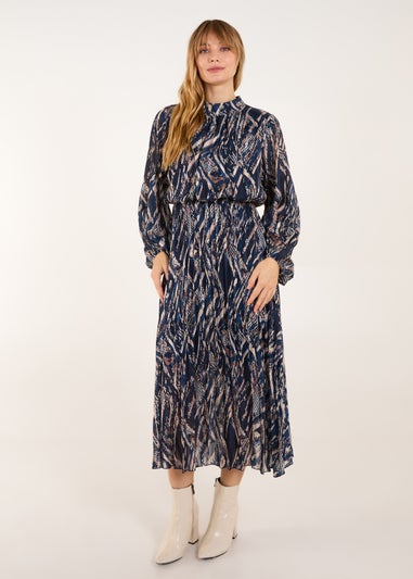 Blue Vanilla Navy High Neck Pleated Digital Wave Abstract Dress