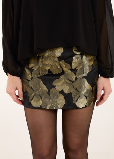 Blue Vanilla Black Floral Jaquard Mini Skirt