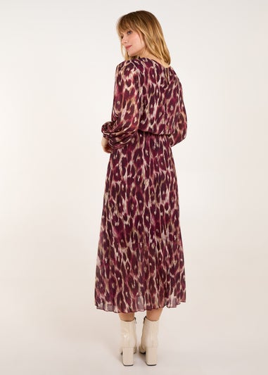 Blue Vanilla Red Round Neck Pleated Abstract Leopard Dress