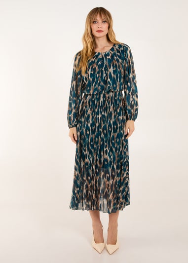 Blue Vanilla Teal Round Neck Pleated Abstract Leopard Dress