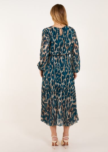 Blue Vanilla Teal Round Neck Pleated Abstract Leopard Dress