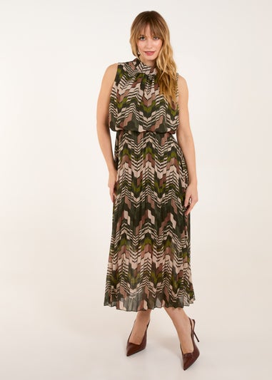 Blue Vanilla Khaki Tile Print High Neck Sleeveless Dress