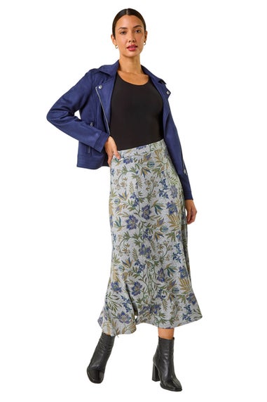 Roman Grey Abstract Floral Print Stretch Midi Skirt