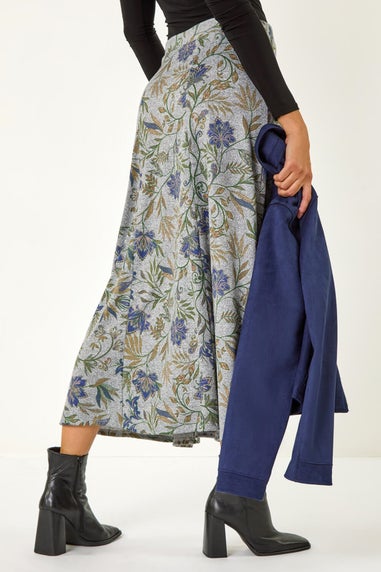 Roman Grey Abstract Floral Print Stretch Midi Skirt