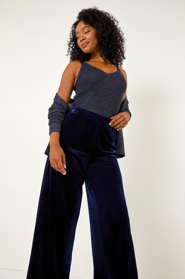 Roman Midnight Blue Petite Wide Leg Velvet Stretch Trouser