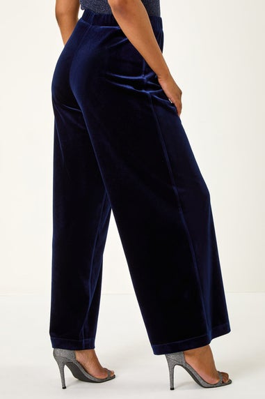 Roman Midnight Blue Petite Wide Leg Velvet Stretch Trouser