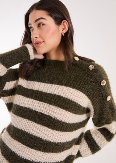 Pink Vanilla Khaki Stripe Fluffy Button Detail Jumper