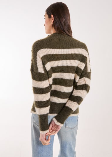 Pink Vanilla Khaki Stripe Fluffy Button Detail Jumper