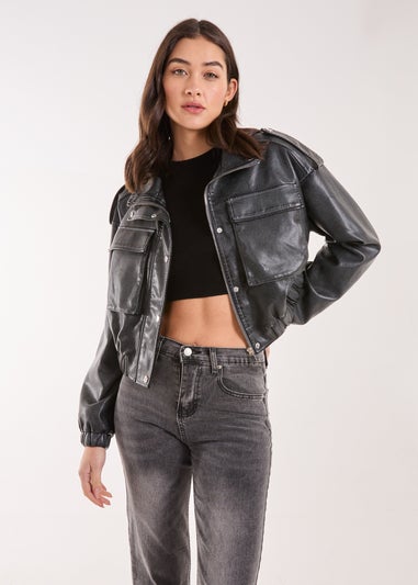 Pink Vanilla Black PU Utility Cropped Bomber Jacket