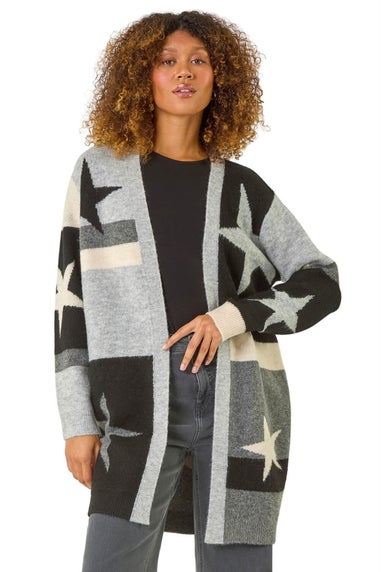 Roman Black Star Print Longline Stretch Cardigan