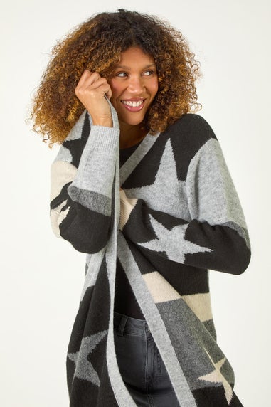 Roman Black Star Print Longline Stretch Cardigan