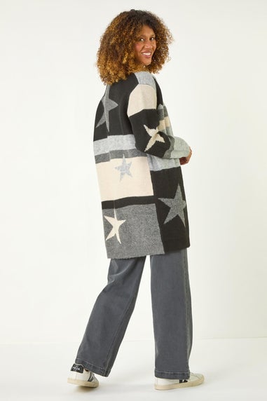 Roman Black Star Print Longline Stretch Cardigan