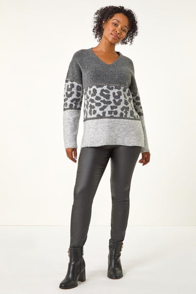 Roman Grey Petite Animal Colourblock Stretch Jumper