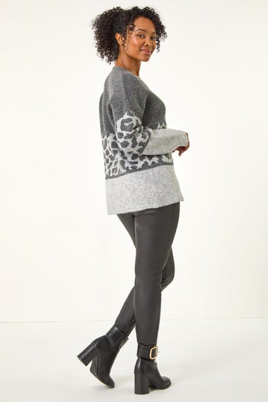 Roman Grey Petite Animal Colourblock Stretch Jumper