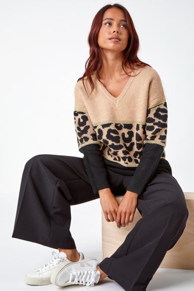Roman Camel Petite Animal Print Colourblock Jumper