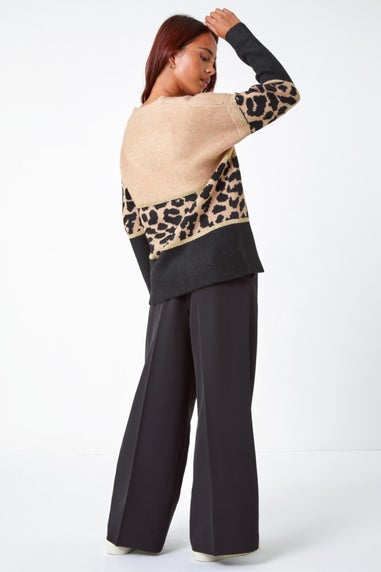 Roman Camel Petite Animal Print Colourblock Jumper