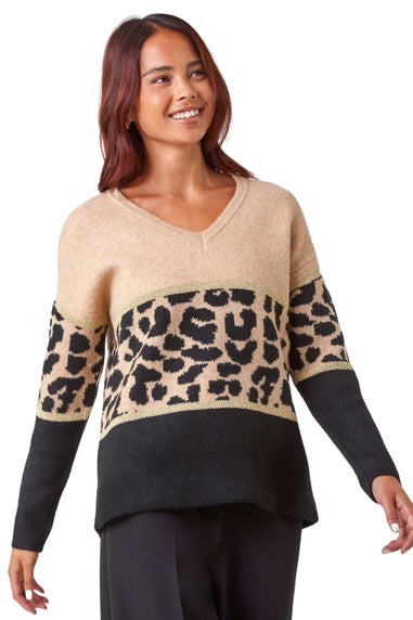 Roman Camel Petite Animal Print Colourblock Jumper
