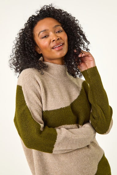 Roman Khaki Petite Colour Block Knit Jumper